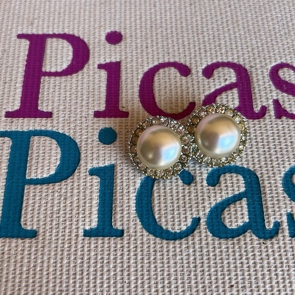 VINTAGE RICHELIEU Faux Pearl & Rhinestone Earrings, Clip On - Picture 2 of 6